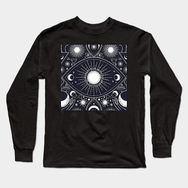 Magic pattern with constellations, sun, moon, magic eyes, hands and stars. Mystical esoteric background. Long Sleeve T-Shirt by RenattaZare